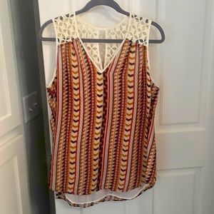 Cute top to transition to Fall with crochet accents. back from dry cleaners!